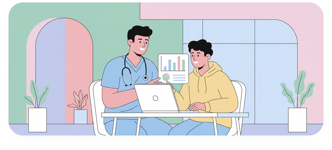 Student and advisor reviewing outcomes data