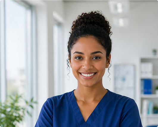 Healthcare professional in scrubs in a clinical setting